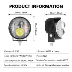 2x2 lens TYPEIII-Medium 5050 LED Mini Motorcycle LED Spotlights LED Motorcycle Headlight Lens 12V 24V 6500K Universal Auxiliary Headlamp15W Flash Warning Light
