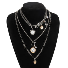 GLASS TABLET DIGITIZERS ZAA 3Pcs/Set New Alloy Pocket Watch Key Heart Pendant Necklace Multi-layer Handmade Bohemian Irregular Necklace
