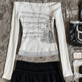 Ladies top Women T-shirt Long Sleeve Boat Neck Music Note Print Patchwork Slim Fit Ladies Tops Streetwear
