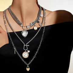 GLASS TABLET DIGITIZERS ZAA 3Pcs/Set New Alloy Pocket Watch Key Heart Pendant Necklace Multi-layer Handmade Bohemian Irregular Necklace