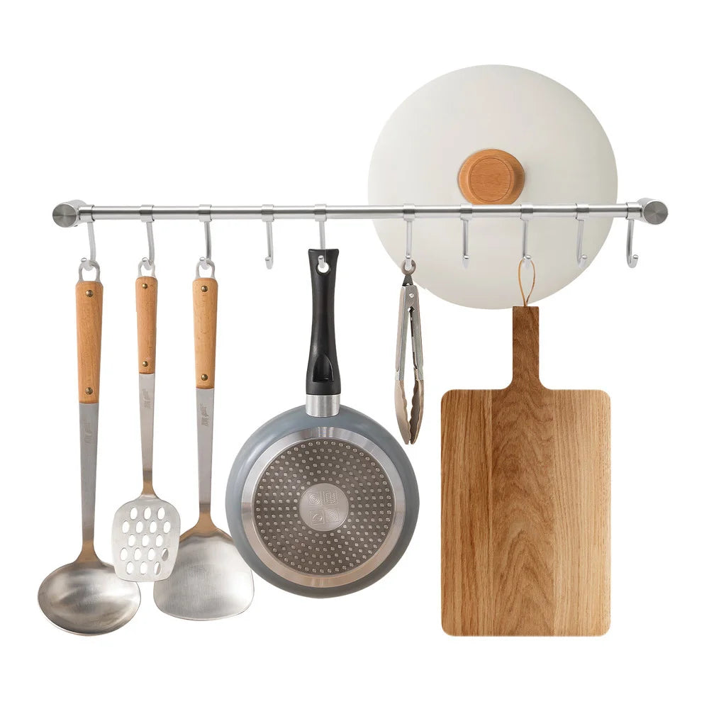 Bymaocar Utensil Rack 20 Inch Kitchen Hanger Holder Wall-mounted Hanging Rail Rod with 10 Sliding Hooks Storage & Organization
