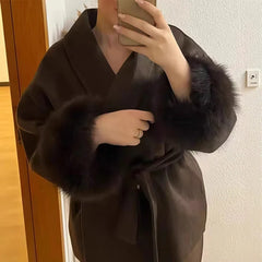 Elegant Lace Up Woolen Short Coat Solid Loose Lapel Furry Belt Long Sleeve Female Jacket 2025 Autumn Winter Lady Chic Cardigan