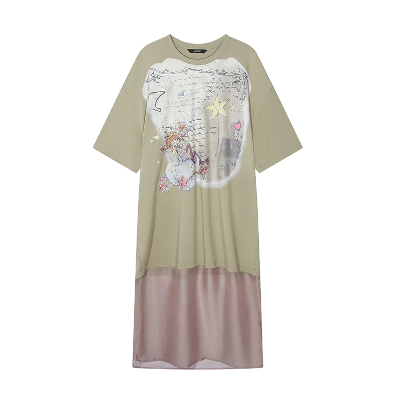 100%POLYESTER WOVEN LADIES DRESSES ELFSACK 2025 Summer New Arrivals Mesh Printed Short Sleeve Casual Dress For Women