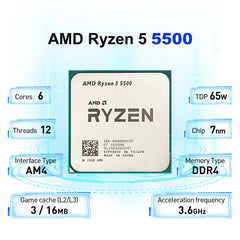 Data processor NEW AMD Ryzen 5 5500 6-Core 12-Thread AM4 Applicable to B550 3.6GHz 65W 7NM L3=16M R5 5500 Gaming Processor DDR4 No Fan