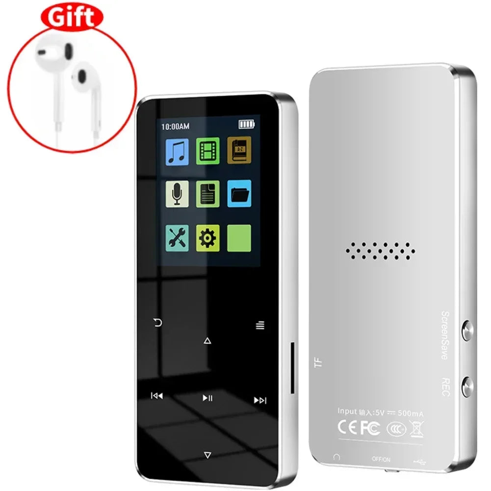 Metal Media player 2.0 Inch Metal Touch MP3 MP4 Music Player Bluetooth 5.0 Supports Card, with FM Alarm Clock Pedometer e-Book Built-in Speaker