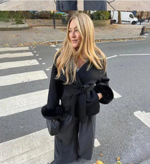 Elegant Lace Up Woolen Short Coat Solid Loose Lapel Furry Belt Long Sleeve Female Jacket 2025 Autumn Winter Lady Chic Cardigan