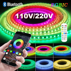 SILICONE LED STRIP LIGHT KIT USE FOR LIGHTING 1-50M RGBIC Led Strip Light 110V 220V 60Leds/m Smart Bluetooth Remote Control Waterproof IP67 Dream Color Flex Tape Strip Lamp