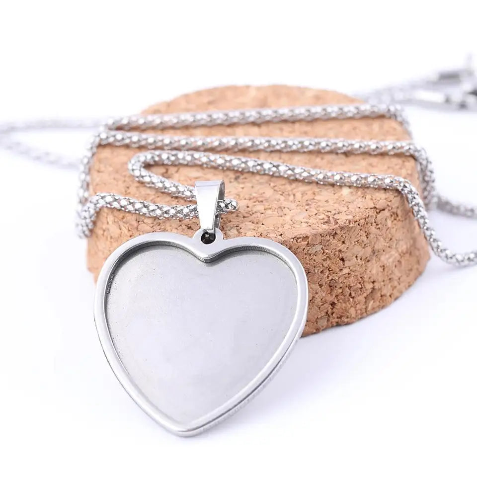 STEEL BASE 5pcs Stainless Steel Pendant Base Setting Fitting 25mm Heart Cabochon Trays Diy Blank 53cm long  chain Necklace Bezels