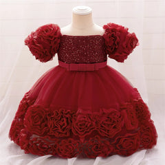 dacron WEDDING DRESS Baby Girl Sequin Flower Dresses Christmas Wedding Lace 1st Birthday Party Dress for Kids Toddler Children Formal Evening Costume